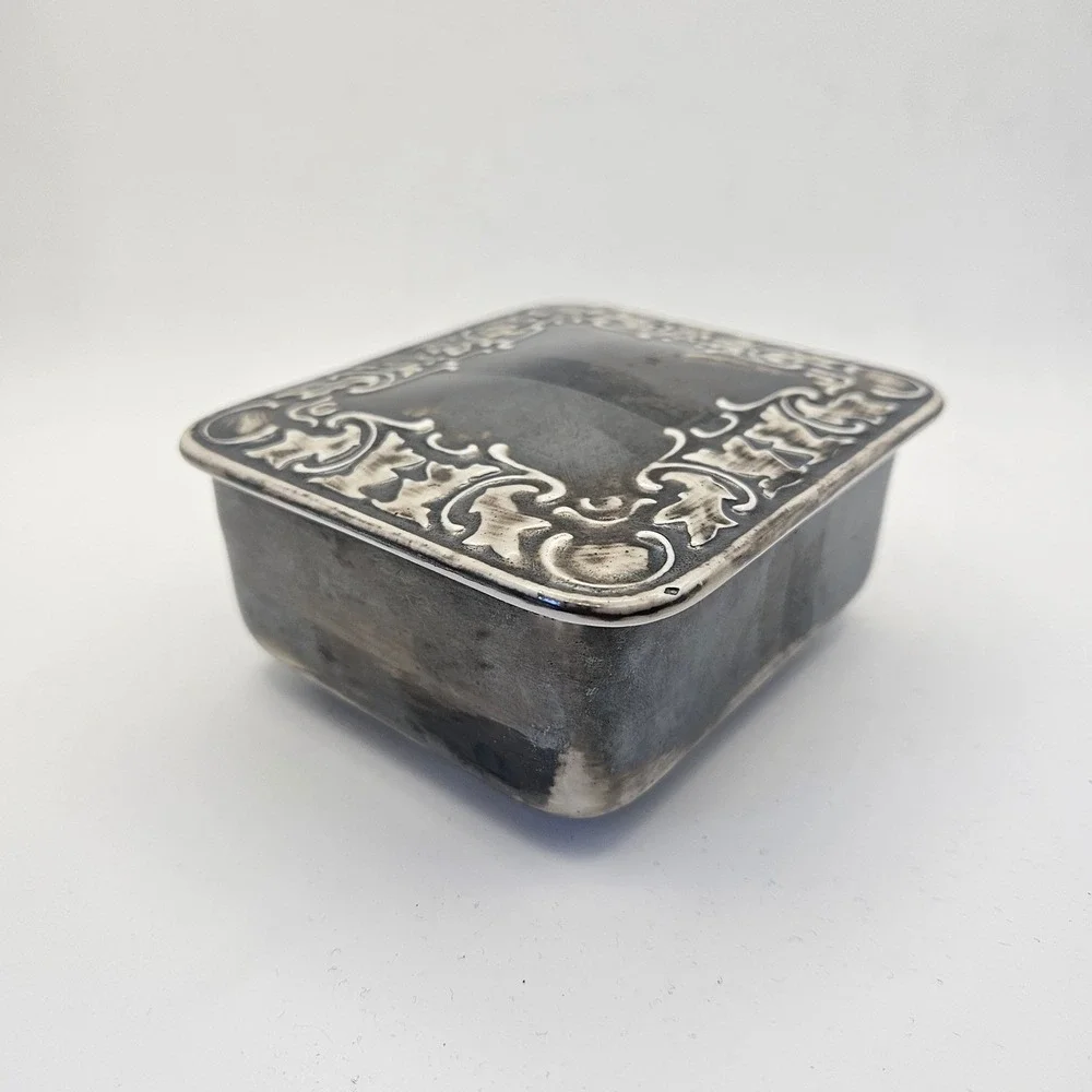 Vintage Hertel Jacob Bavaria Silver Overlay Trinket Box Square Porcelain